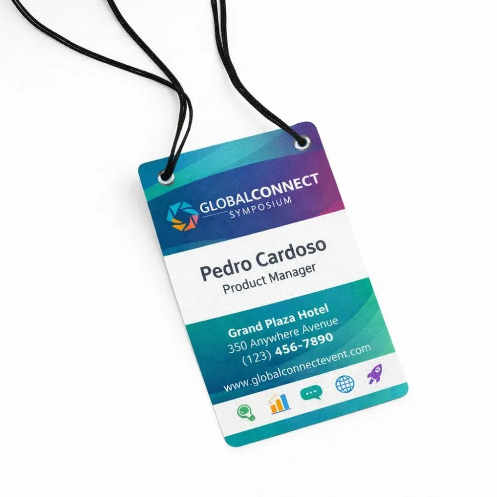 Credencial de evento 10 x 14 cm em Papel 300G com cordão barbante (PACOTE C/ 100 Unidades) IMPRESSÃO FRENTE E VERSO